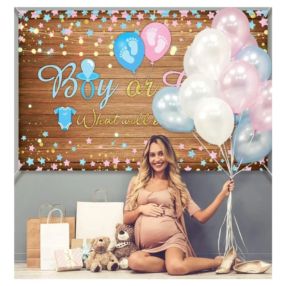 Wooden wall Gender Reveal Backdrop 70.8 x 43.3 Inch Gender Reveal Banner